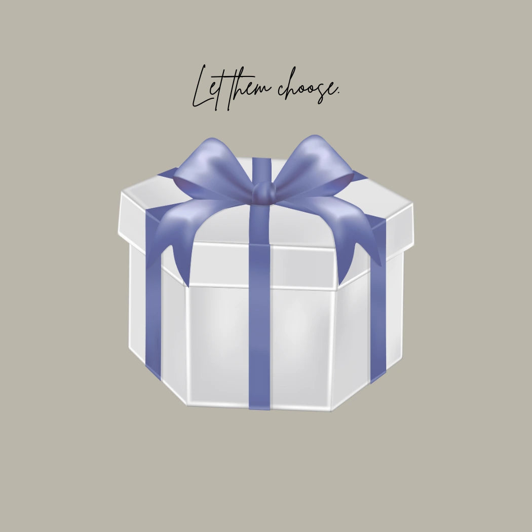 Hexagonal gift box with a blue ribbon on a beige background with text 'Let them choose'.