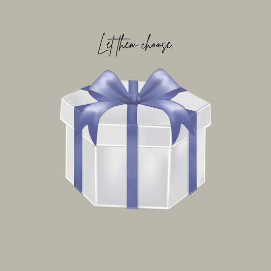 Hexagonal gift box with a blue ribbon on a beige background with text 'Let them choose'.