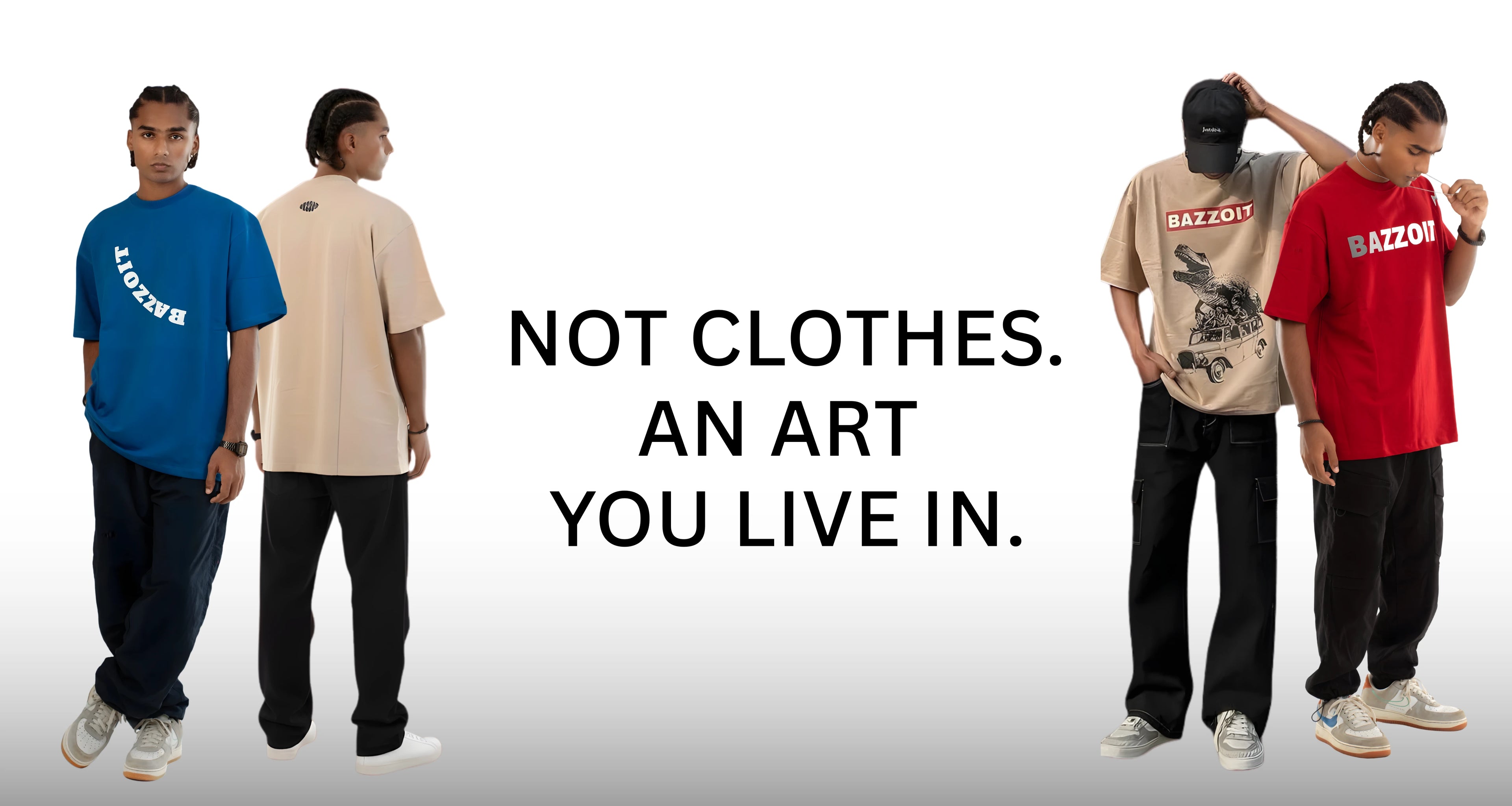 Four people wearing branded t-shirts with a quote about clothing as art on a white background.